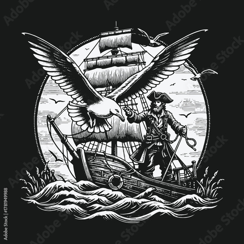 Monochrome Engraving of a Pirate Captain with a Giant Seabird.