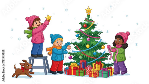 Joyful Christmas: A heartwarming scene unfolds as children decorate a Christmas tree, creating a festive atmosphere filled with joy and anticipation. A loyal canine friend watches with a smile.