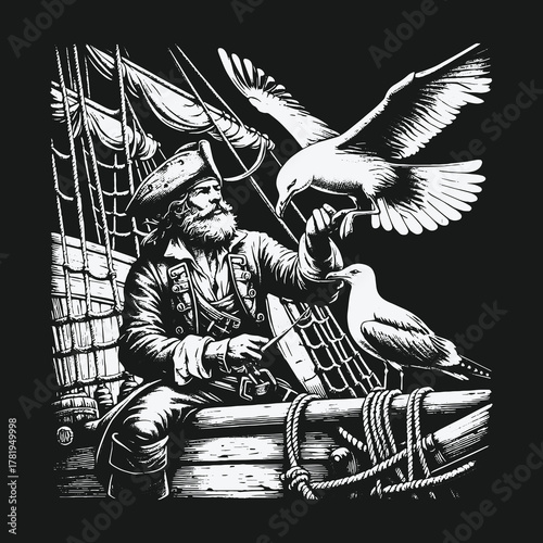 Monochrome illustration of a bearded pirate captain feeding seagulls on a ship.