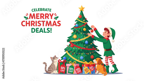 Holiday Cheer and Deals: A festive scene unfolds as a cheery elf decorates a Christmas tree, surrounded by presents, a cat, and a dog, while the text promotes Merry Christmas Deals