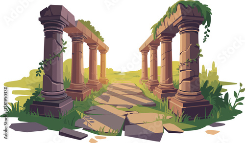 Ancient stone ruins with broken pillars and greenery vector illustration on white background