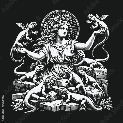 Mythological Goddess of Reptiles Enthroned with Her Lizard Companions.