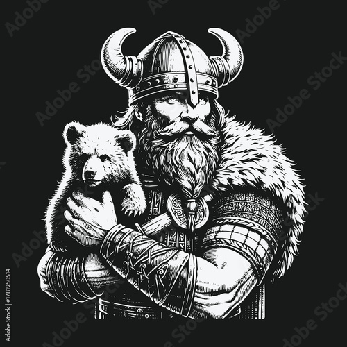 Gentle giant Viking warrior embracing a small bear cub in black and white.