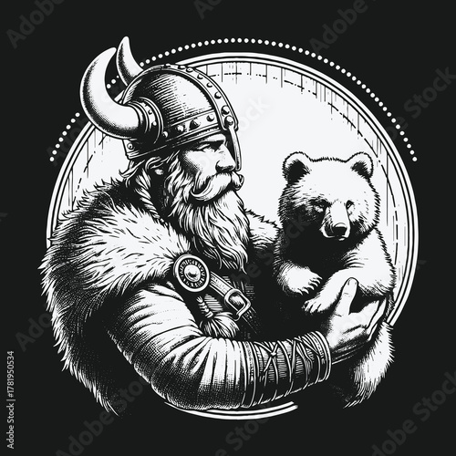 Monochrome illustration of a powerful Viking warrior holding a small bear cub.