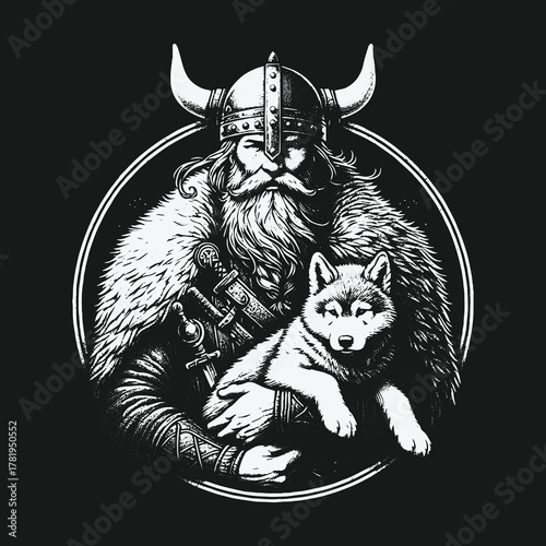 Monochrome illustration of a bearded Viking warrior holding a wolf puppy.
