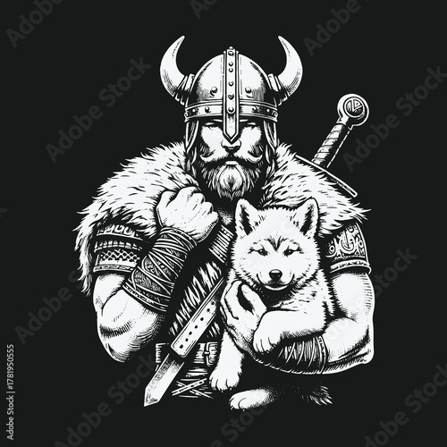 Monochrome illustration of a powerful Viking warrior holding a wolf pup.
