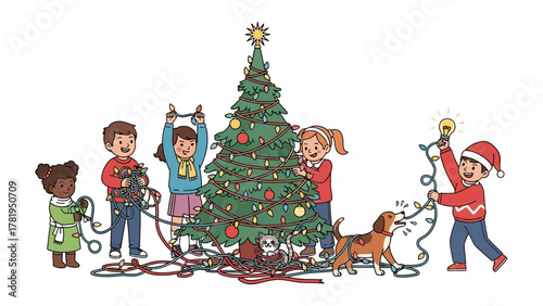 Festive Assembly: Joyful children, with their beloved canine companion, gather around a christmas tree, intertwining lights to craft a warm embrace of the holiday season.