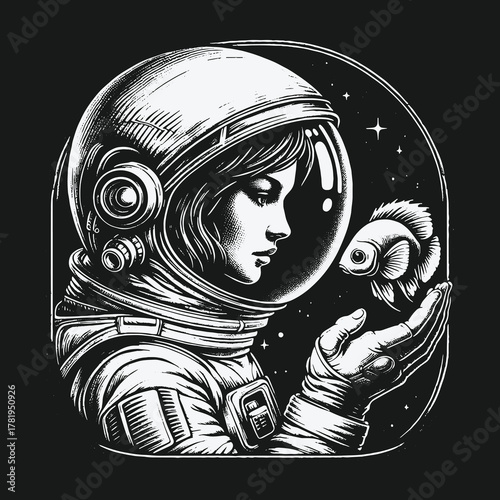 Monochrome illustration of a female astronaut holding a fish in space.
