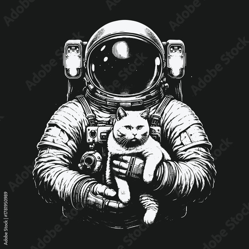 Monochrome Astronaut Cradling a Feline Companion in Outer Space.