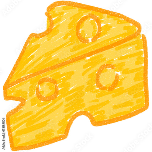 Slice of cheese hand drawn crayon textured illustration.