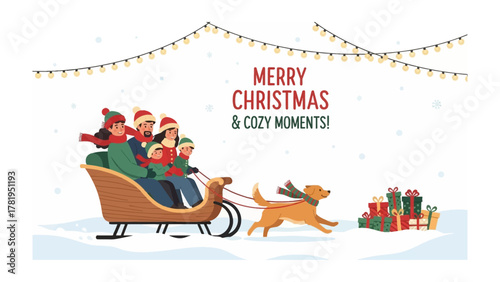 Festive Sleigh Ride: A family bundled in winter attire enjoys a joyful sleigh ride, with a cheerful dog leading the way and twinkling lights above.