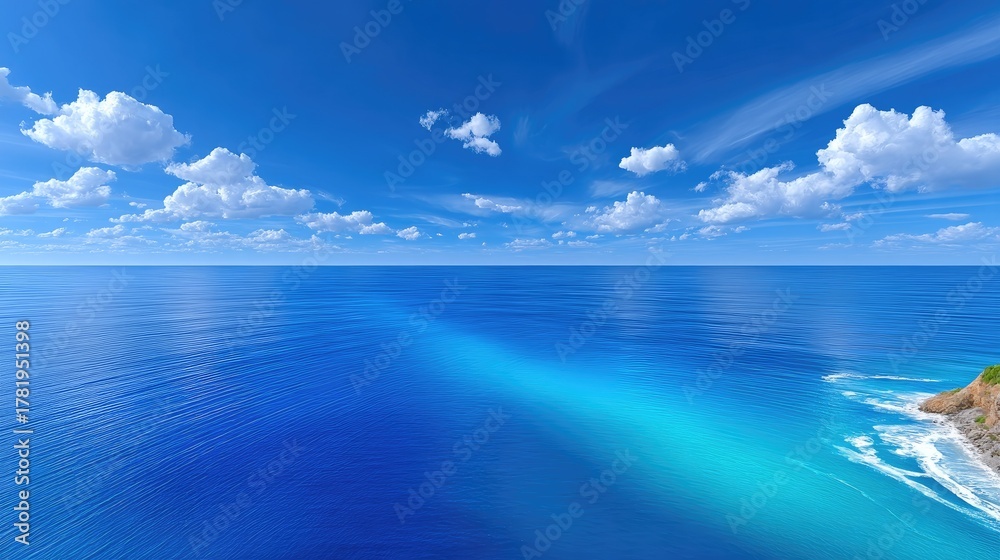Obraz premium Vast Ocean Horizon Under a Deep Blue Sky with Scattered White Clouds and Sunlit Water
