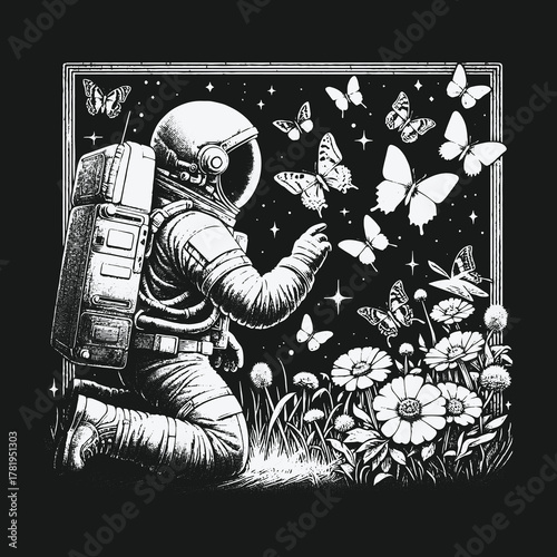 Surreal Scene of an Astronaut Among Flowers and Butterflies.