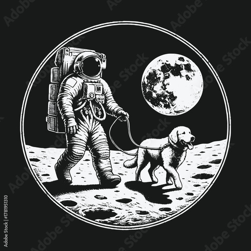 Astronaut walking a dog on the moon surface illustration.