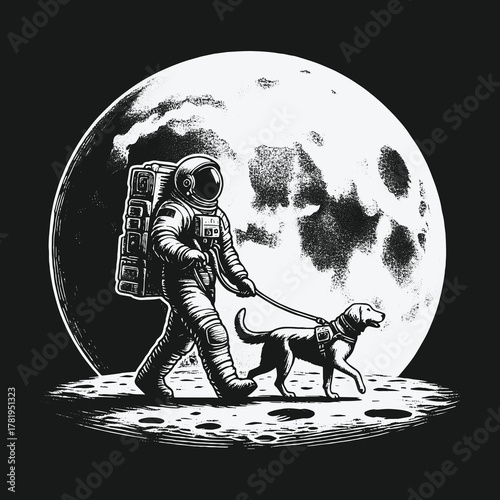 Astronaut and His Loyal Dog Walking on the Moons Surface.