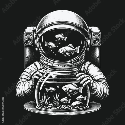 Monochrome illustration of an astronaut holding a fishbowl in outer space.