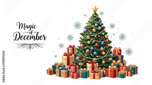 Christmas Magic: Festive Christmas tree adorned with ornaments and twinkling lights, surrounded by a mountain of beautifully wrapped gifts, evoking the joy and anticipation of the holiday season.
