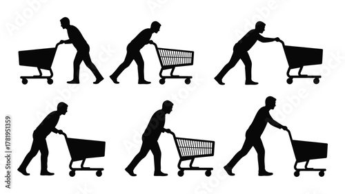 People pushing shopping carts silhouettes isolated on white background, Vector