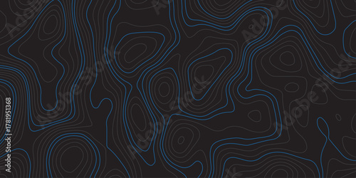 Abstract dark background with blue contour lines resembling a topographic map. Modern digital design for technology, geography, or data visualization themes. Minimal, clean, and futuristic style.
