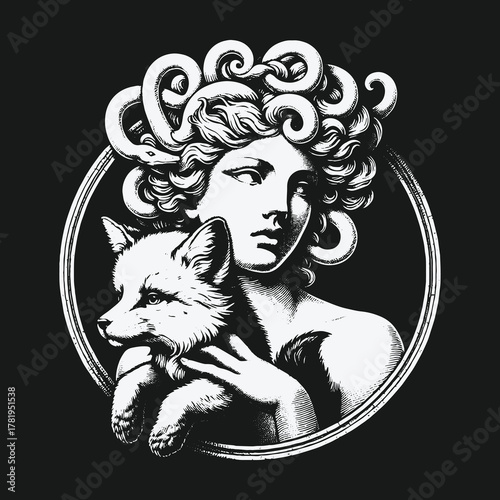 Mythological goddess statue holding a small fox cub illustration.