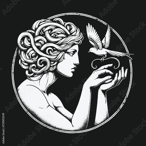 Mythological Greek goddess with serpentine hair holding a delicate bird.