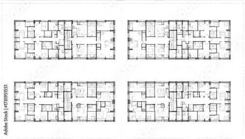 Detailed apartment floor plan layout, architectural building blueprint, residential design concept for multi-unit housing complex, cad drawing flat vector illustration