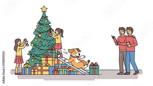 Festive Family: A heartwarming scene unfolds as a family prepares for the festive season, decorating a Christmas tree with love. The image captures the joy and togetherness of the holiday spirit.