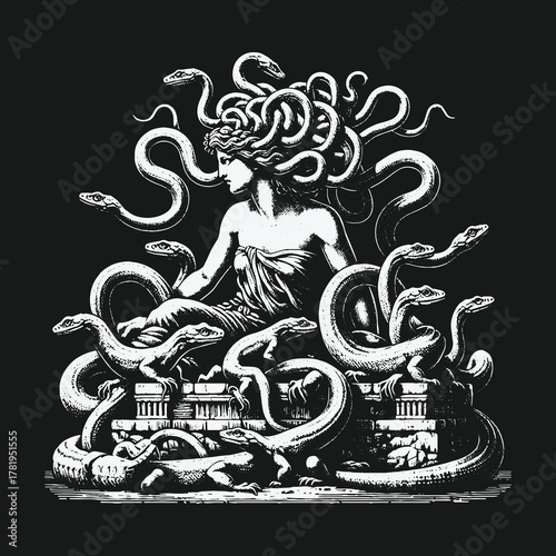 Monochrome illustration of the mythological Gorgon Medusa on a throne.