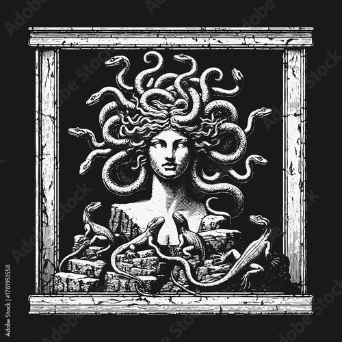 Monochrome engraving of the mythological Greek Gorgon Medusa.