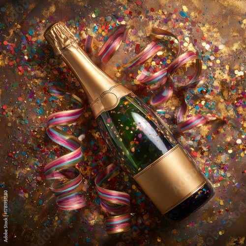 Wallpaper Mural Close-up of a champagne bottle mockup, top view, surrounded by colorful confetti and sparkling  Torontodigital.ca