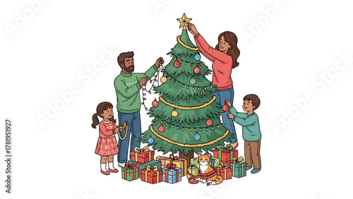 Family Christmas Tree Decorating: Capturing the heartwarming tradition of a family coming together to decorate their Christmas tree. Filled with joy and creating memories. 
