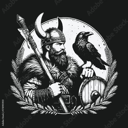 Monochromatic illustration of a Viking warrior with a raven.