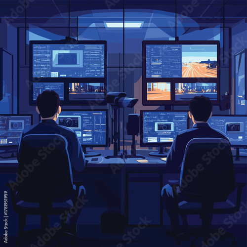 Security guards control CCTV camera system in dark room of video surveillance center with screens vector illustration