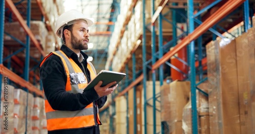 Tableau sur toile Man, logistics or checking inventory with tablet in warehouse for inspection, checklist or storage