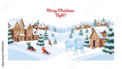 Christmas Night Scene: A picturesque winter scene of a village is illuminated under the starry night sky.