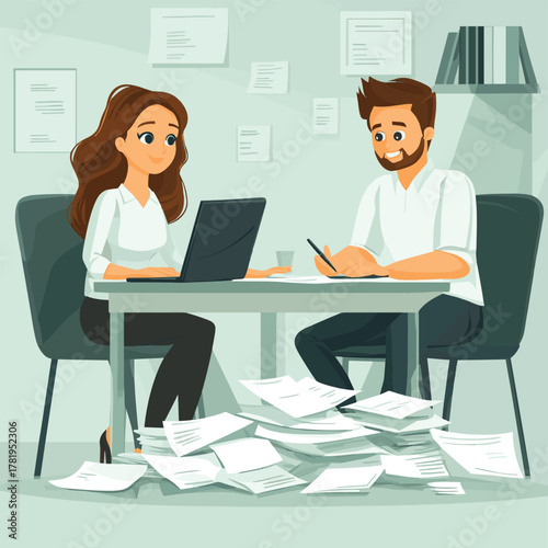 man woman sitting at table with laptop and pile of paper sheets with text, holding pen to correct mistakes cartoon