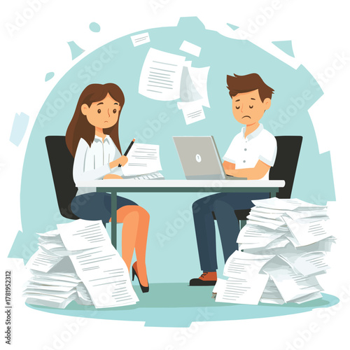 man woman sitting at table with laptop and pile of paper sheets with text, holding pen to correct mistakes cartoon
