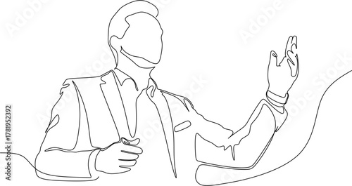 Continuous line drawing. Young bussines man giving a conference. Vector illustration.
