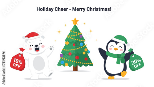 Festive Holiday Cheer: A joyful polar bear and penguin are celebrating Christmas near adorned christmas tree, both holding gift bags filled with holiday specials. 