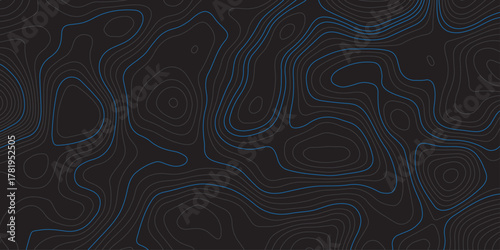 Abstract dark background with blue contour lines resembling a topographic map. Modern digital design for technology, geography, or data visualization themes. Minimal, clean, and futuristic style.