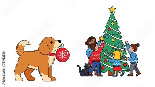 Festive Family Moment: A heartwarming scene unfolds as a family gathers around a Christmas tree, and a playful dog. The warm embrace of togetherness during the holiday season.