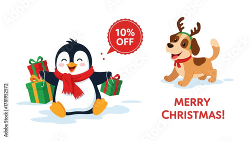 Festive companions: A charming penguin and playful dog sharing the holiday spirit with gifts and cheerful wishes. A heart-warming scene, capturing the essence of togetherness.