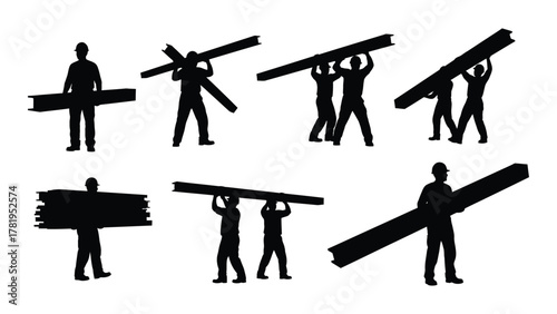 Construction workers carrying materials silhouettes isolated on white background, Vector