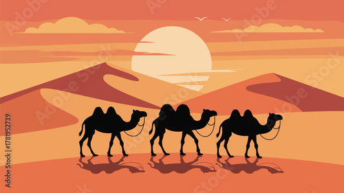 Caravan of Camels in Desert at Sunset Flat Vector Illustration