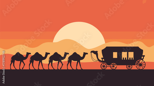 Caravan with Camels and Carriage in Desert Flat Vector Illustration