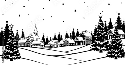 Charming village nestled among winter trees, a peaceful snowy scene
