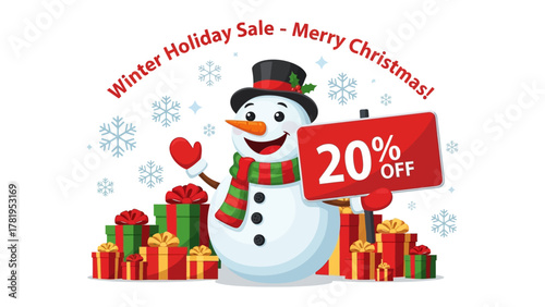Festive Season Sale: A cheerful snowman, adorned in winter attire, proudly presents a vibrant 20% OFF sign, surrounded by beautifully wrapped gifts, snowflake, and festive lettering.