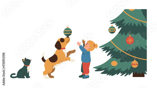 Festive Gathering: A young girl, assisted by a playful dog and a curious cat, decorates a Christmas tree, creating a scene of joyful holiday preparations.