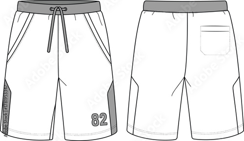 Athletic shorts flat sketch, technical fashion drawing, elastic waistband, drawstring, side pockets, patch pocket back, number 82 print, sportswear design, apparel illustration, garment construction