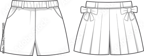 Casual shorts fashion illustration, elastic waistband design, pleated shorts with bows, technical apparel sketch, clothing pattern drawing, garment design vector art